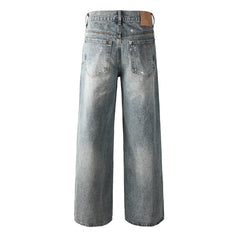 Edgy Men’s Light Wash Loose Fit Jeans with Washed Fade Effect and Light White Paint Splatter Design 101
