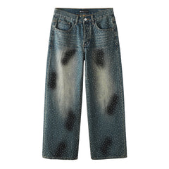 Men’s Dark Blue Wide Leg Jeans with Allover Studded Rhinestone Detailing Vintage Street Loose Denim Pants 106