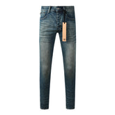 Men Streetwear Jeans Vintage Blue Washed with Clean Look and Graphic Back Pocket Patch 3033