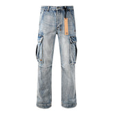 Y2K Style Baggy Light Blue Washed Cargo Jeans with Patchwork Pockets and Graffiti Print 3043