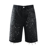 Men’s Black Rhinestone Denim Shorts with Firework Crystal Design 5103