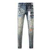 Men Classic Streetwear Jeans Distressed Blue Paint Slash Skinny 9037