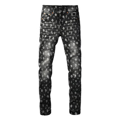 Men Classic Street Skinny Jeans Dark Grey Monogram Print All Over Distressed Style PU9112