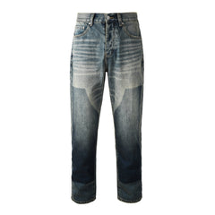 Men Vintage Streetwear Straight Jeans Blue Washed with Whisker Fade and Contrast Panels PU9120