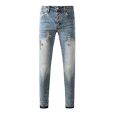 Mens Light Blue Skinny Jeans with Crystal Cross Design and Allover Rhinestone Embellishment 9132