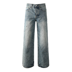 Mens Vintage Washed Wide Leg Jeans with Crystal Firework Pattern and Allover Rhinestone Accents 9133