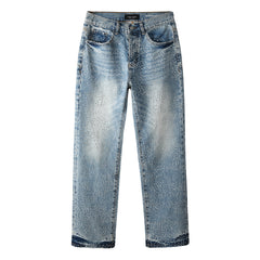 Rhinestone Decor Light Blue Denim Jeans Men Straight Leg Stylish Pants 9137
