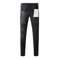 Mens Jeans - Distressed Black Denim with Knee Slit and Ripped Hole 9045