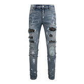 Men's Slim Fit Black Jeans with Paint Design and Patchwork Distressed Look 6626