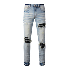 Mens Punk Slim Stretch Distressed Jeans With Ripped Knee Patch Blue Pants 6848