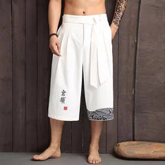 Oriental Kimono Style Pants - Embroidered, Linen
