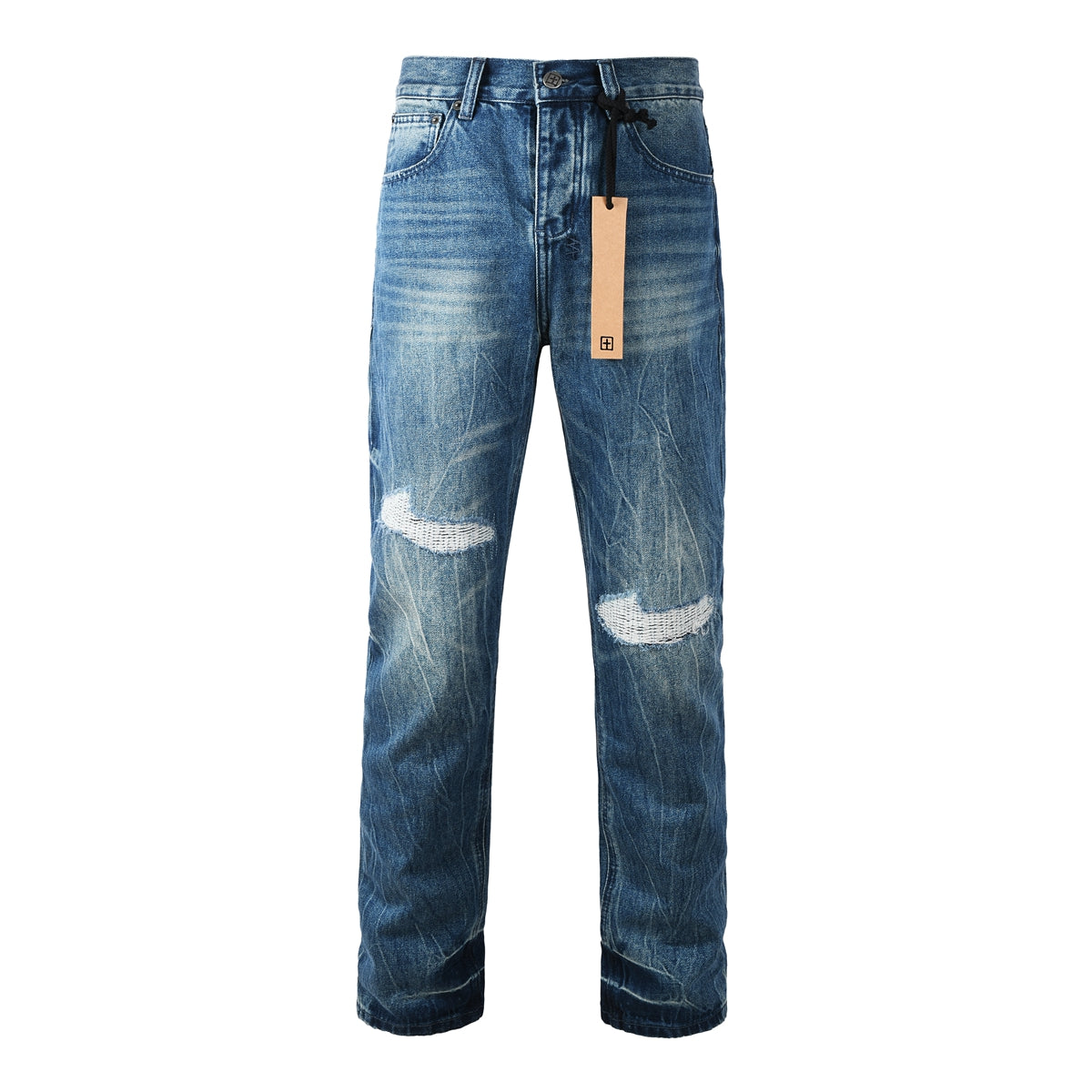 Men Streetwear Jeans Vintage Blue Washed with Knee Repair Details and Graphic Back Pocket Patch 3039