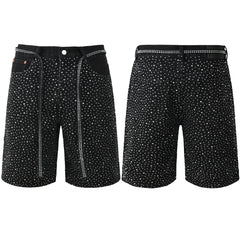 Mens Black Denim Shorts with Allover Rhinestone Embellishments and Sparkling Party Street Style 5095