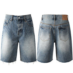 Men’s Blue Denim Shorts with Rhinestone Sunburst Design and Raw Hem 5100
