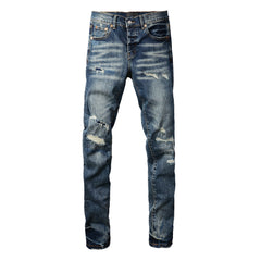 Men Classic Streetwear Jeans Distressed Dark Blue Ripped Skinny 9096