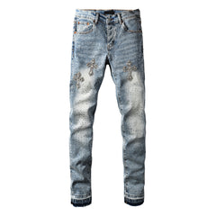 Mens Light Blue Skinny Jeans with Crystal Cross Design and Allover Rhinestone Embellishment 9132