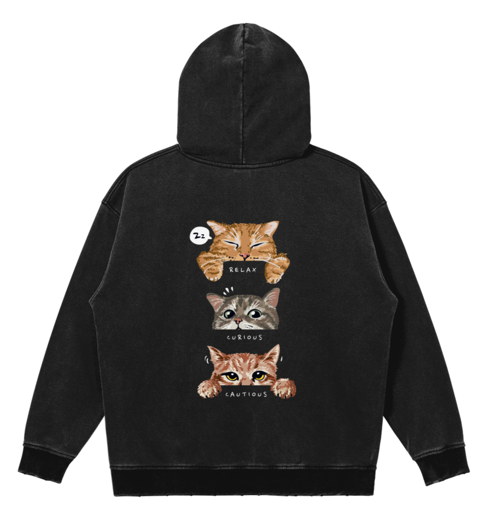 Snow Washed Cat Emotions Cotton Hoodie