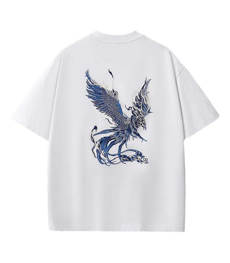 Azure Phoenix Embroidery T Shirt Cotton