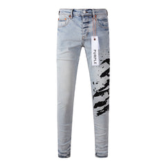 9048 Mens Purple Skinny Jeans with Ripped Detail Fashionable Denim Biker Pants with Patches and Printed Design Jeans Purple