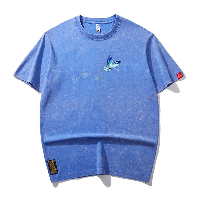 Washed Embroidered Butterfly - Oriental Style Unisex T-Shirt