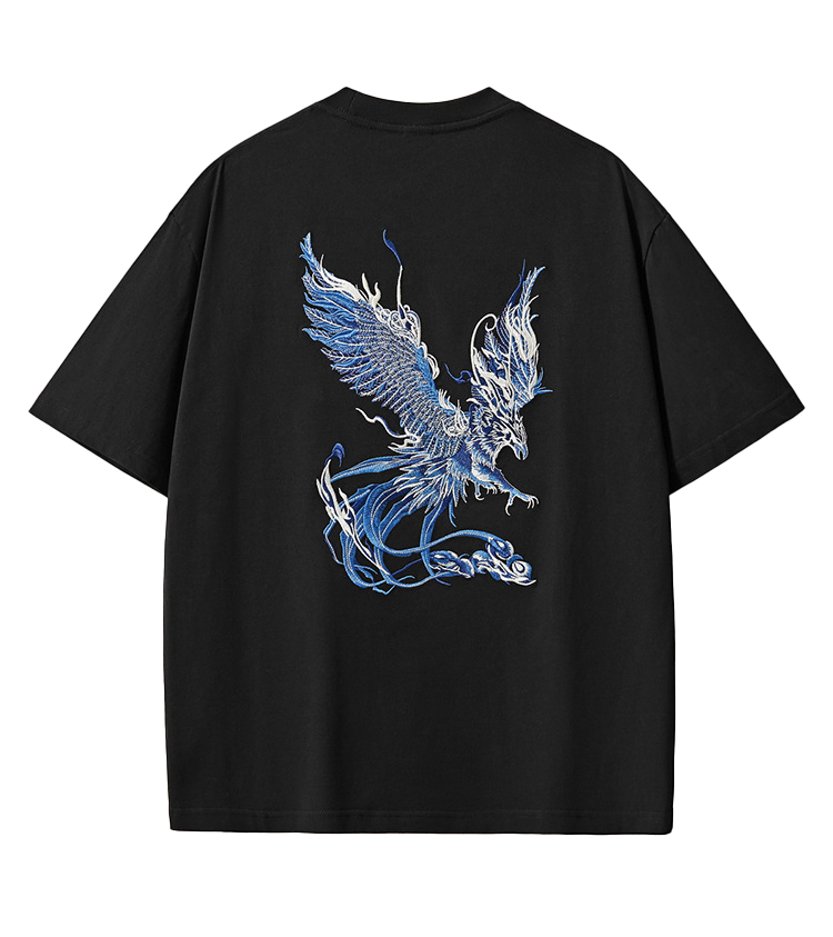 Azure Phoenix Embroidery T Shirt Cotton