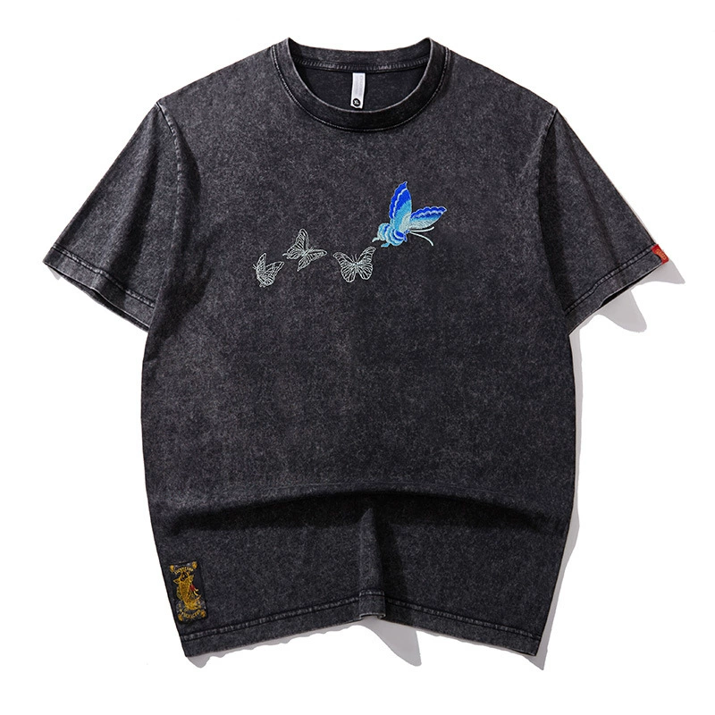 Washed Embroidered Butterfly - Oriental Style Unisex T-Shirt