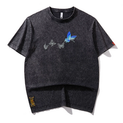 Washed Embroidered Butterfly - Oriental Style Unisex T-Shirt