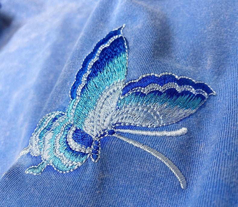 Washed Embroidered Butterfly - Oriental Style Unisex T-Shirt