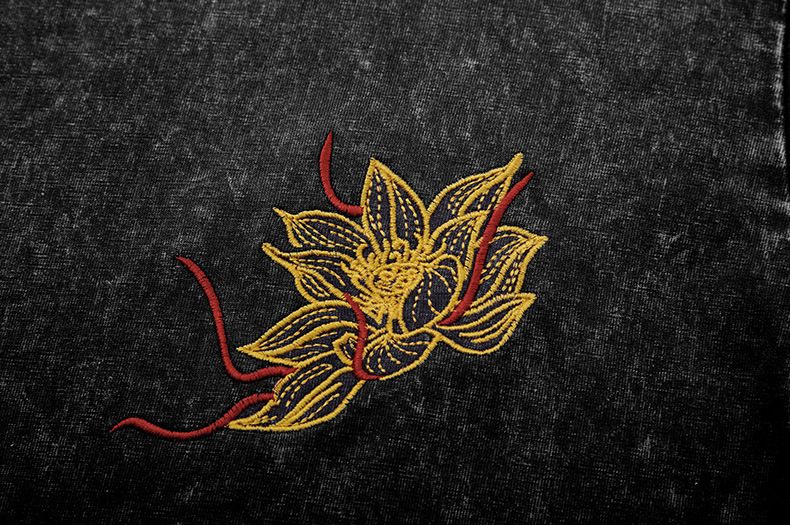 Washed Embroidered Lotus - Oriental Style T-Shirt