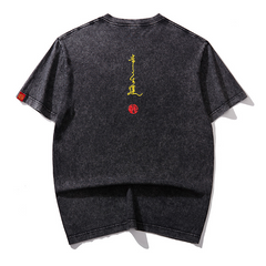 Washed Embroidered Lotus - Oriental Style T-Shirt