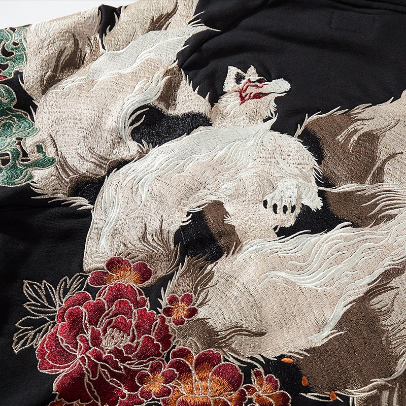 Nine Tailed Fox Kitsune Embroidered Hoodie, Yokosuka Pullover